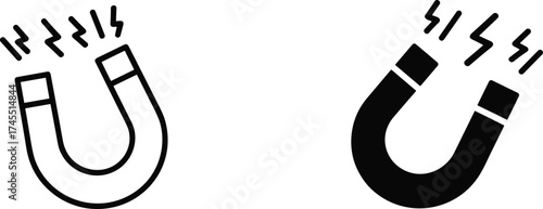 Magnet icon black and white vector illustration, magnetic field symbol, physics science concept, attraction power, education and energy design