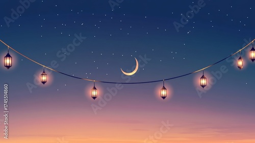 Ramadan crescent moon and lanterns glowing in twilight sky