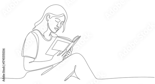 Woman Reading Book Comfortably While Sitting, Focused and Relaxed, Isolated White Background
