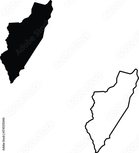 Vertical black silhouette and clear outline of Somalias elongated national shape on a stark white background