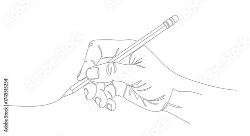 Human hand gently holding a pencil, creating a continuous line drawing, symbolizing creativity and artistic expression in a bright studio.