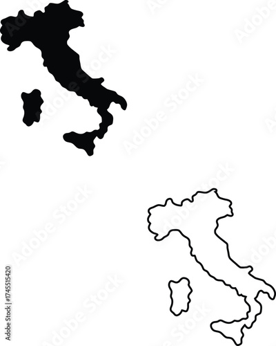 Detailed black silhouette and outline of Italys distinctive boot shape including its major islands on a white background