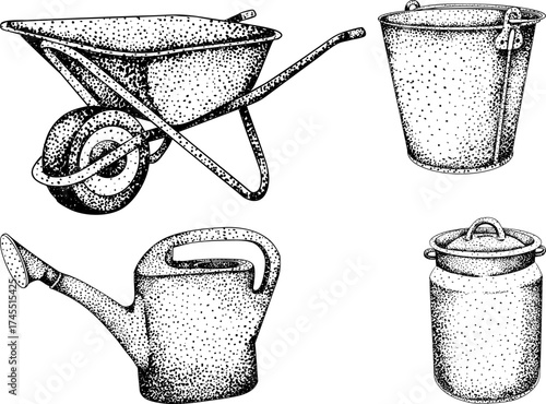 Intricate black-and-white engraving of garden hoes, perfect for farming, gardening, or rustic design projects.