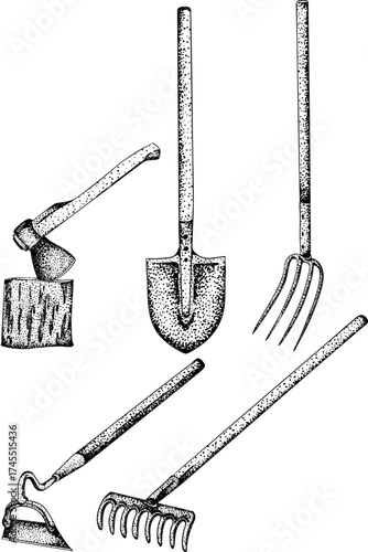 Intricate black-and-white engraving of three garden hoes with detailed dot patterns, perfect for farming, gardening, or rustic design projects.