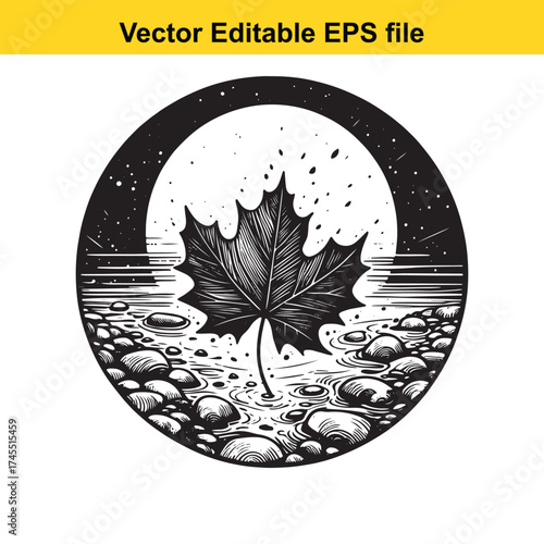 Vector art of maple leaf in front of a large moon over water with pebbles