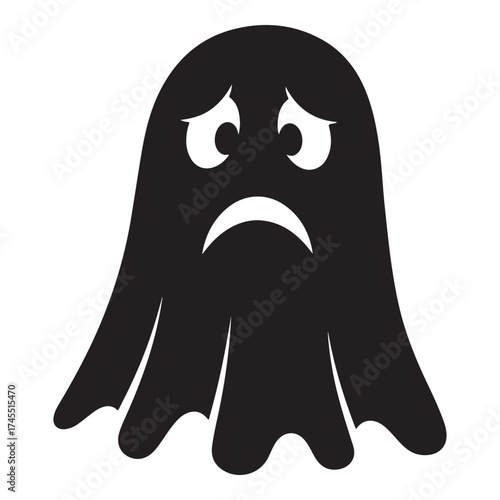A sad black ghost icon with a downturned mouth and empty eye sockets, isolated on a, representing a feeling of unhappiness or sorrow