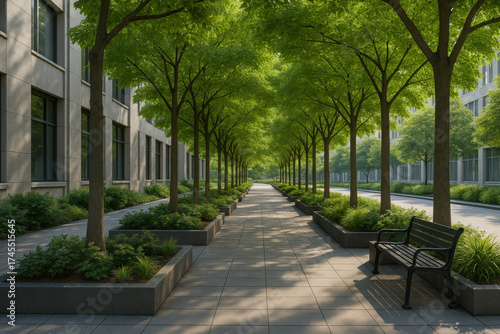Urban tree lined walkway for climate resilience green canopy modern plaza serene path city park sustainable design soft light calm mood