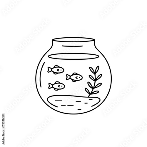 Charming fish bowl with cute fishes and plant for kids book illustration or aquarium shop logo