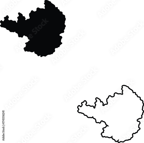 A bold black filled silhouette and outline contour represent another distinct geographical region