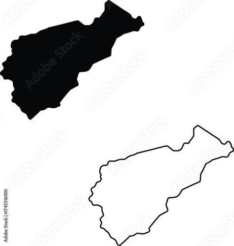 Simple black silhouette and its corresponding outline illustrating a long irregular landmass on an isolated white field