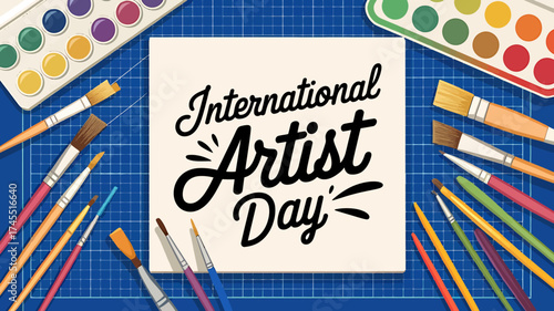 Vector art of international artist day concept with paint palettes and brushes arranged around a central message on a blue grid background