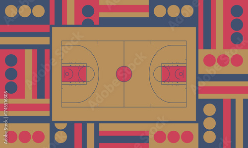 Basketball Court. Basketball design. Street sport art. Game Day. Basketball playoff. Final games. Team championship. Ball for Basketball. Sport creative poster. Modern graphic. Vector wallpaper