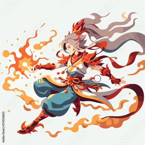 Fiery Warrior in Dynamic Pose with Elemental Magic
