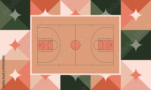 Basketball Court. Basketball design. Street sport art. Game Day. Basketball playoff. Final games. Team championship. Ball for Basketball. Sport creative poster. Modern graphic. Vector wallpaper