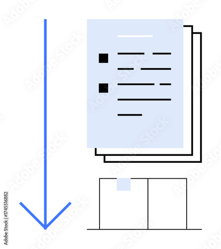 Document stack placed above submission box with large blue downward arrow. Ideal for submission, workflow, organization, task management, file transfer, digital forms, simple flat metaphor