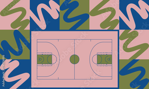 Basketball Court. Basketball design. Street sport art. Game Day. Basketball playoff. Final games. Team championship. Ball for Basketball. Sport creative poster. Modern graphic. Vector wallpaper