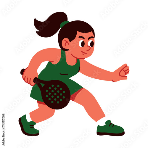 Determined girl in green sprinting on court, preparing for a return swing.