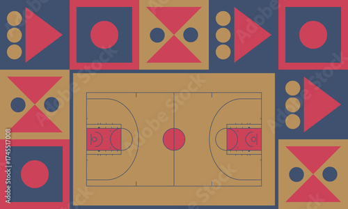 Basketball Court. Basketball design. Street sport art. Game Day. Basketball playoff. Final games. Team championship. Ball for Basketball. Sport creative poster. Modern graphic. Vector wallpaper