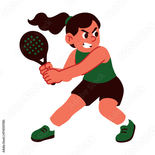 Strong backhand pose by girl in red and green outfit, focused on returning the ball.