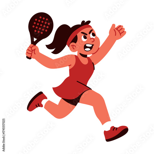 Athletic girl in red dress hitting a forehand shot with full force mid-jump.