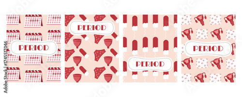 A set of posters and banners on the topic of women's menstruation and reproductive health. Hygiene elements: pads, tampons, menstrual cups, uterus, panties, period calendars