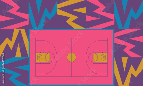 Basketball Court. Basketball design. Street sport art. Game Day. Basketball playoff. Final games. Team championship. Ball for Basketball. Sport creative poster. Modern graphic. Vector wallpaper