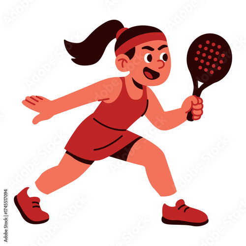 Energetic girl in red chasing the padel ball quickly across the court.