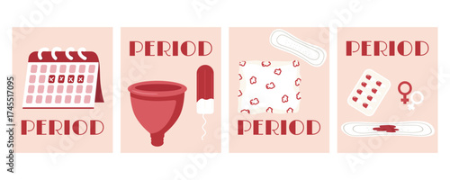 A set of posters and banners on the topic of women's menstruation and reproductive health. Hygiene elements: pads, tampons, menstrual cups, painkillers, panties, period calendars