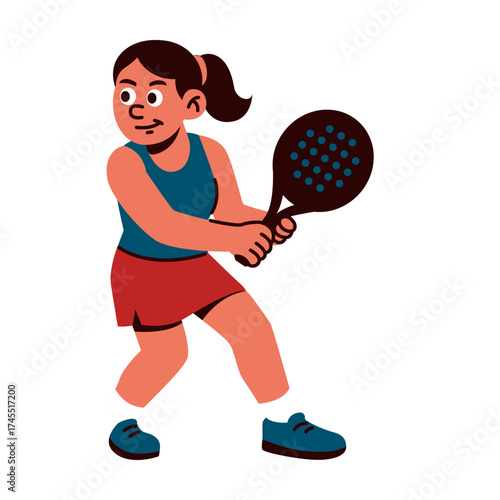 Relaxed girl smiling and holding padel racket confidently after playing.
