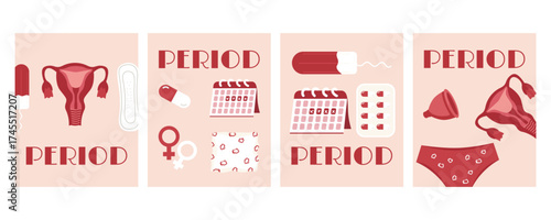 A set of posters and banners on the topic of women's menstruation and reproductive health. Hygiene elements: pads, tampons, menstrual cups, uterus, painkillers, panties, period calendars