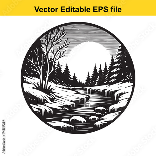 Vector art of winter landscape with stream and moon