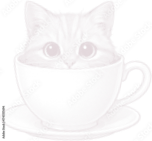 Cute cat in a teacup with halftone dot pattern style. Adorable kitten peeking from a coffee mug, minimalist retro vector illustration for print or web design.