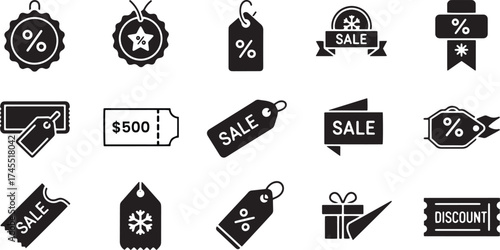 Monochromatic black and white glyph icons representing various sales, discounts, and promotional tools like coupons, percentage tags, ribbons, badges, and gift box symbols.