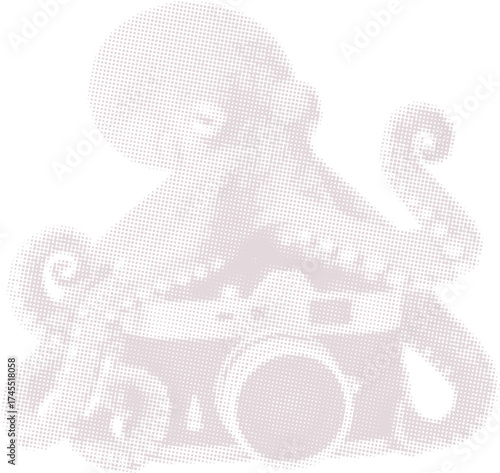 Cartoon octopus holding a vintage camera. Whimsical halftone pop art vector of a sea animal photographer for creative design projects and prints.