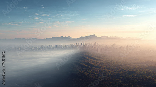 Wallpaper Mural Urban landscape meeting natures realm. A city skyline emerges from fog, contrasting with a lush forest. Concept of balance, progress, environment. Torontodigital.ca