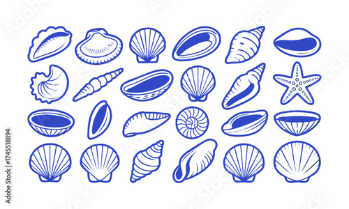 Seashell Line Icons Set – Minimal Blue Outline Marine Vector illustration, Ocean Shells and Starfish – Clean Blue Line Art Collection on White, easily editable.