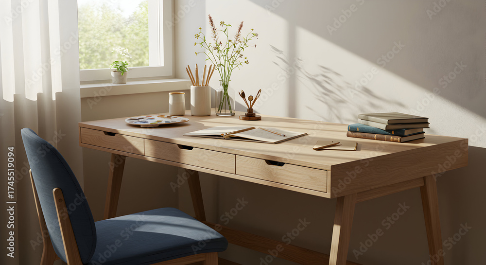 Fototapeta premium Cozy Wooden Desk with Stationery and Books Bathed in Sunlight in a Minimalist Workspace