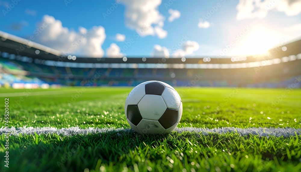 Fototapeta premium Soccer Ball on Green Grass Field in Stadium under Blue Sky