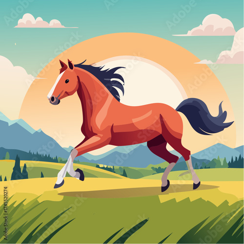 Running horse in landscape with sunset