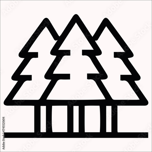 Simple black silhouette of three pine trees on white background