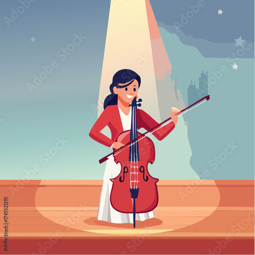 Cellist performing on stage with city skyline