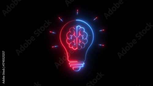 glowing neon digital bulb creativity innovation through of brain icon inside light form. Neon brain bulb icon representing idea innovation and creative thought on black background.
