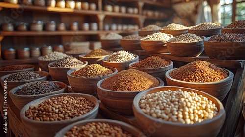Wooden bowls filled with various grains and spices on shelves