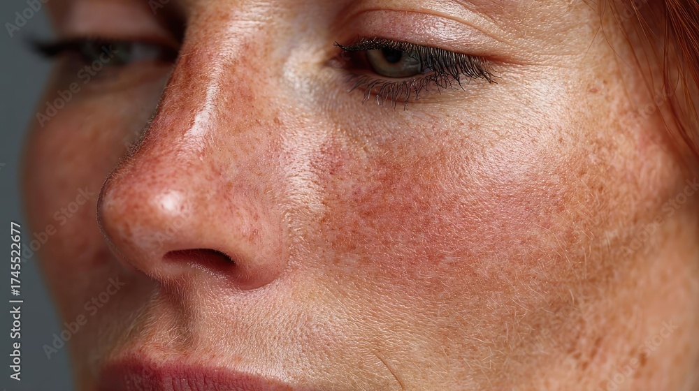 Fototapeta premium Woman with red irritated facial skin concept. Close-up portrait of a woman highlighting natural freckles.