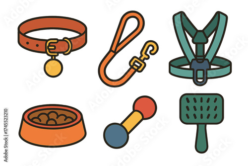 Set of essential dog pet care accessories including collar leash harness and food bowl