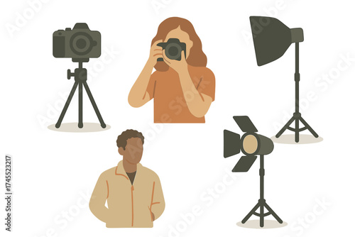 Professional photography studio setup with camera, tripod, lighting equipment, and two people working