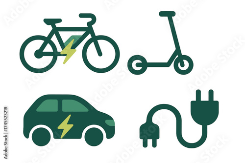Set of electric mobility icons including EV car, e-bike, scooter, and charging plug