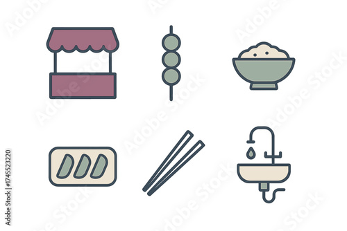 Colorful outline icons set featuring Asian street food elements, rice bowl, chopsticks, and kitchen sink