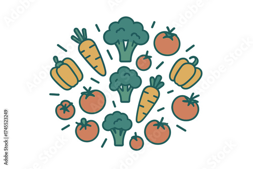 Vibrant circular pattern of fresh organic vegetables including carrots, broccoli, tomatoes, and bell peppers