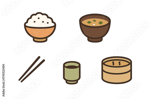 Collection of traditional Asian food icons including rice, miso soup, chopsticks, and a steamer basket